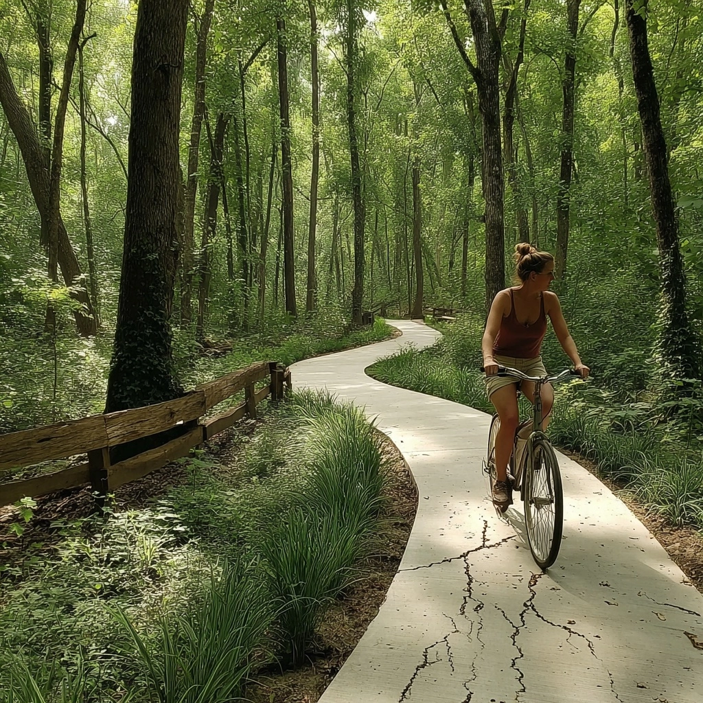 An ordinary woman in everyday clothes riding an upright commuter bike through a sunlit street