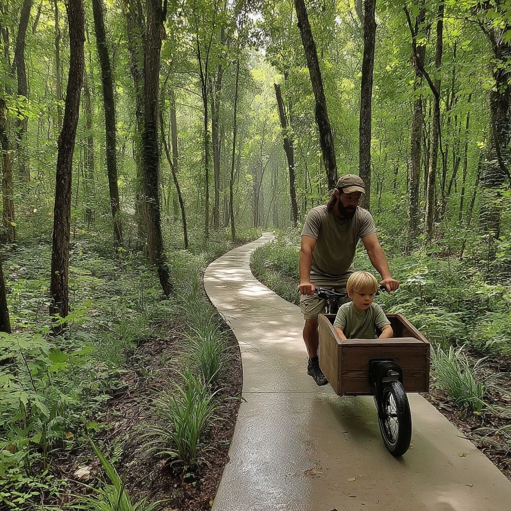 A parent and small child riding an electric cargo bike on a tree-lined street