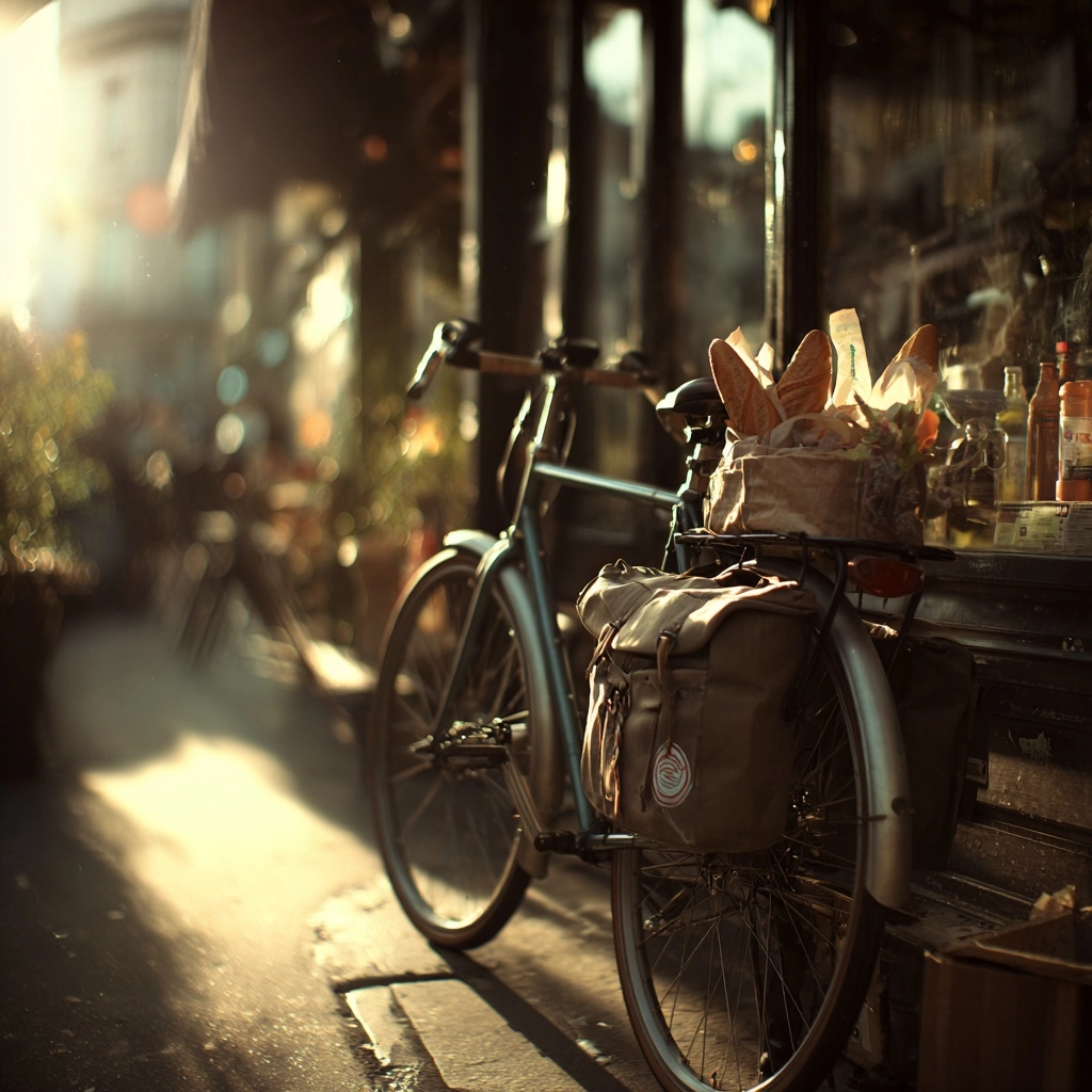 A commuter bike with panniers full of groceries leaning outside a cozy coffee shop