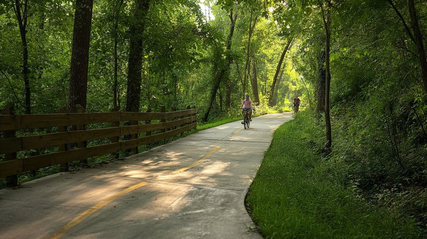 The Razorback Greenway curving through Ozark forest with everyday cyclists in the distance